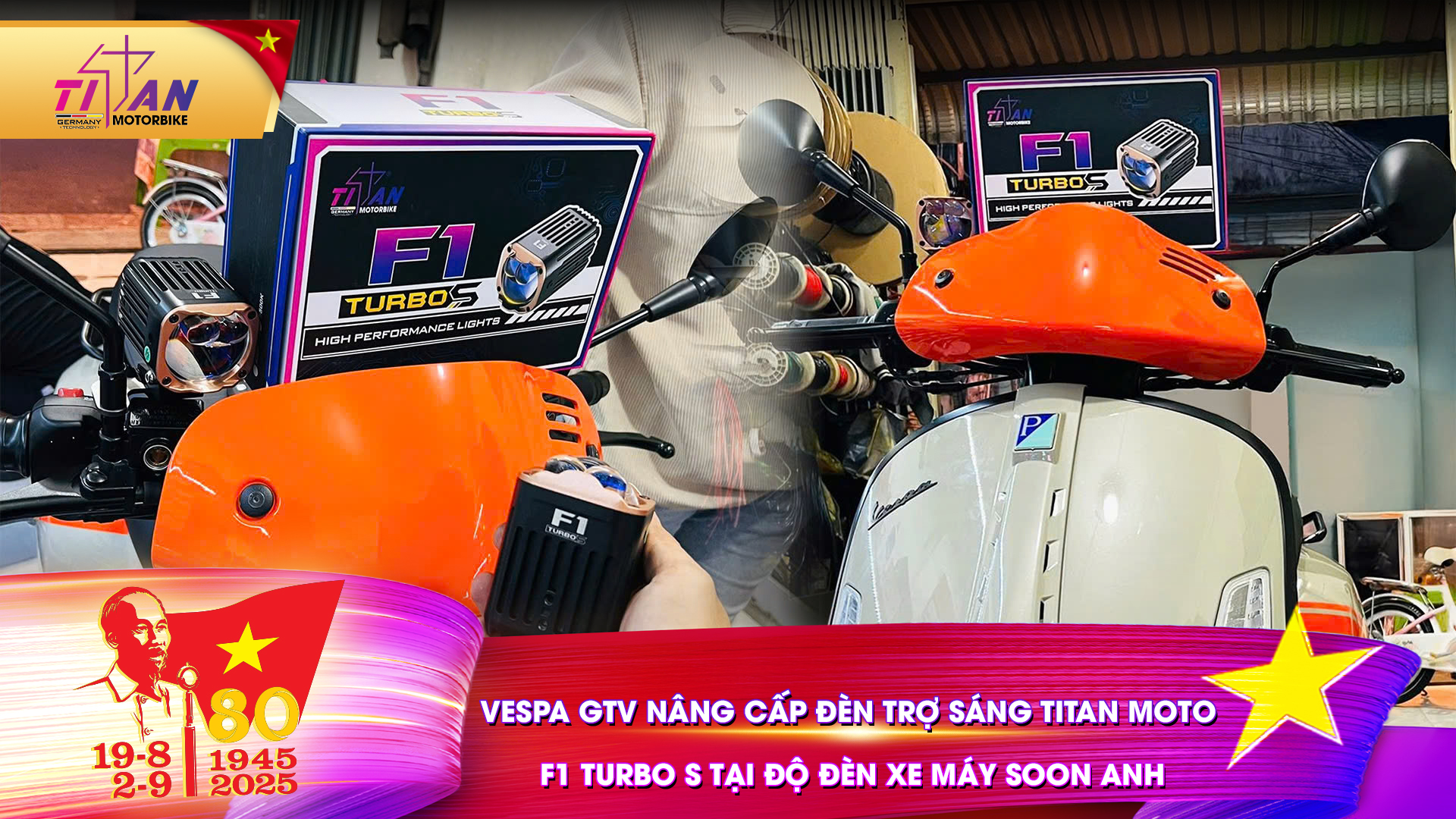 Vespa GTV nâng cấp đèn trợ sáng Titan Moto F1 Turbo S tại Độ Đèn Xe Máy Soon Anh